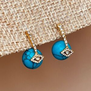 Elegant Gold- CZ and Turquoise Gemstone Evil Eye Design Stud Drop Earrings